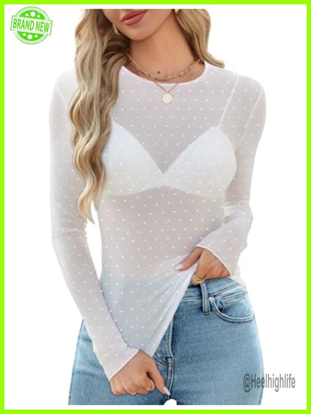 Women Mesh Long Sleeve Lace Sheer Blouse Crewneck Slim Fit Party Top